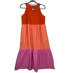 J.Jill Size 12 Colorblock Tiered Sleeveless Maxi Dress Pockets Orange Coral Pink